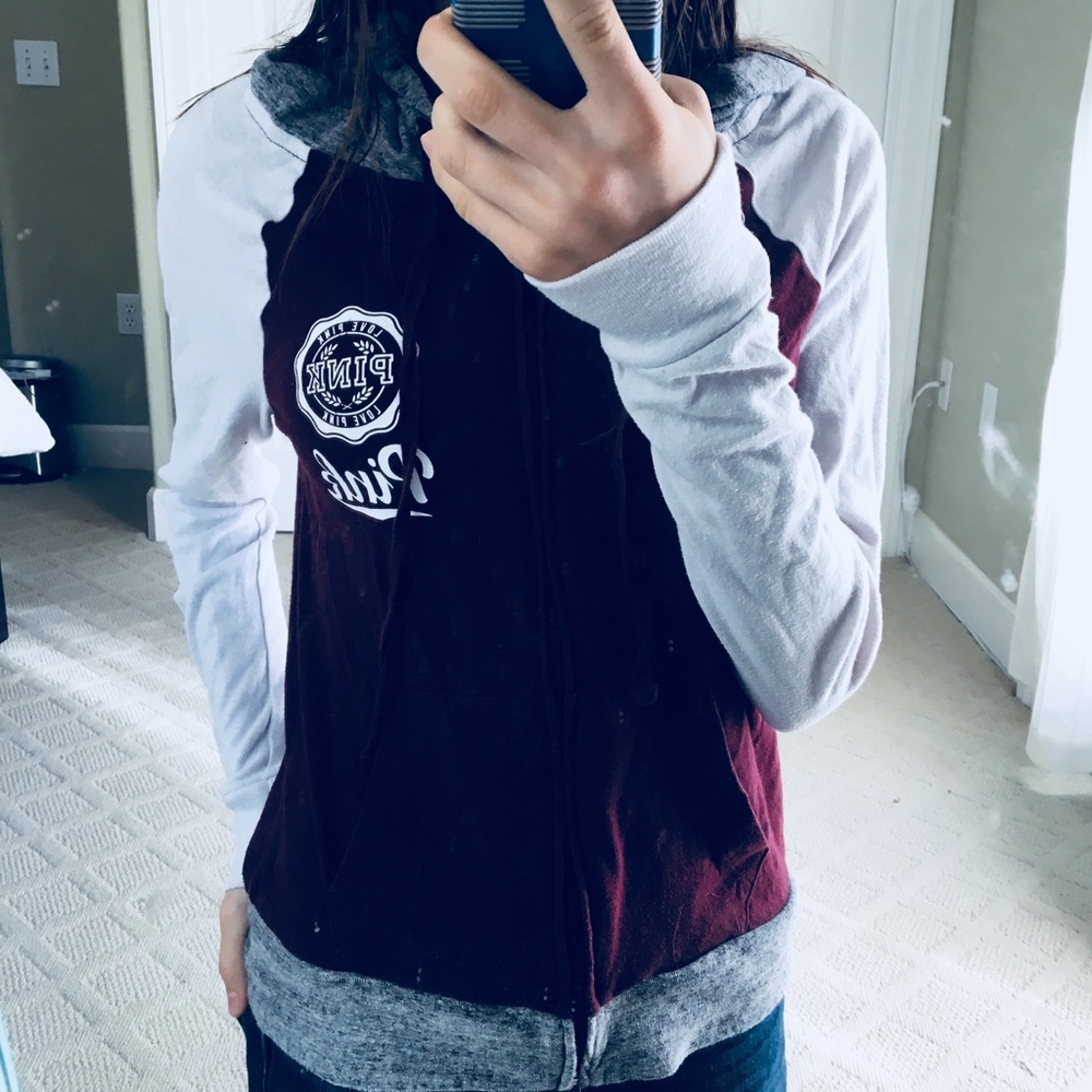{PINK} Lightweight Maroon Zip Up Hooded Sweater